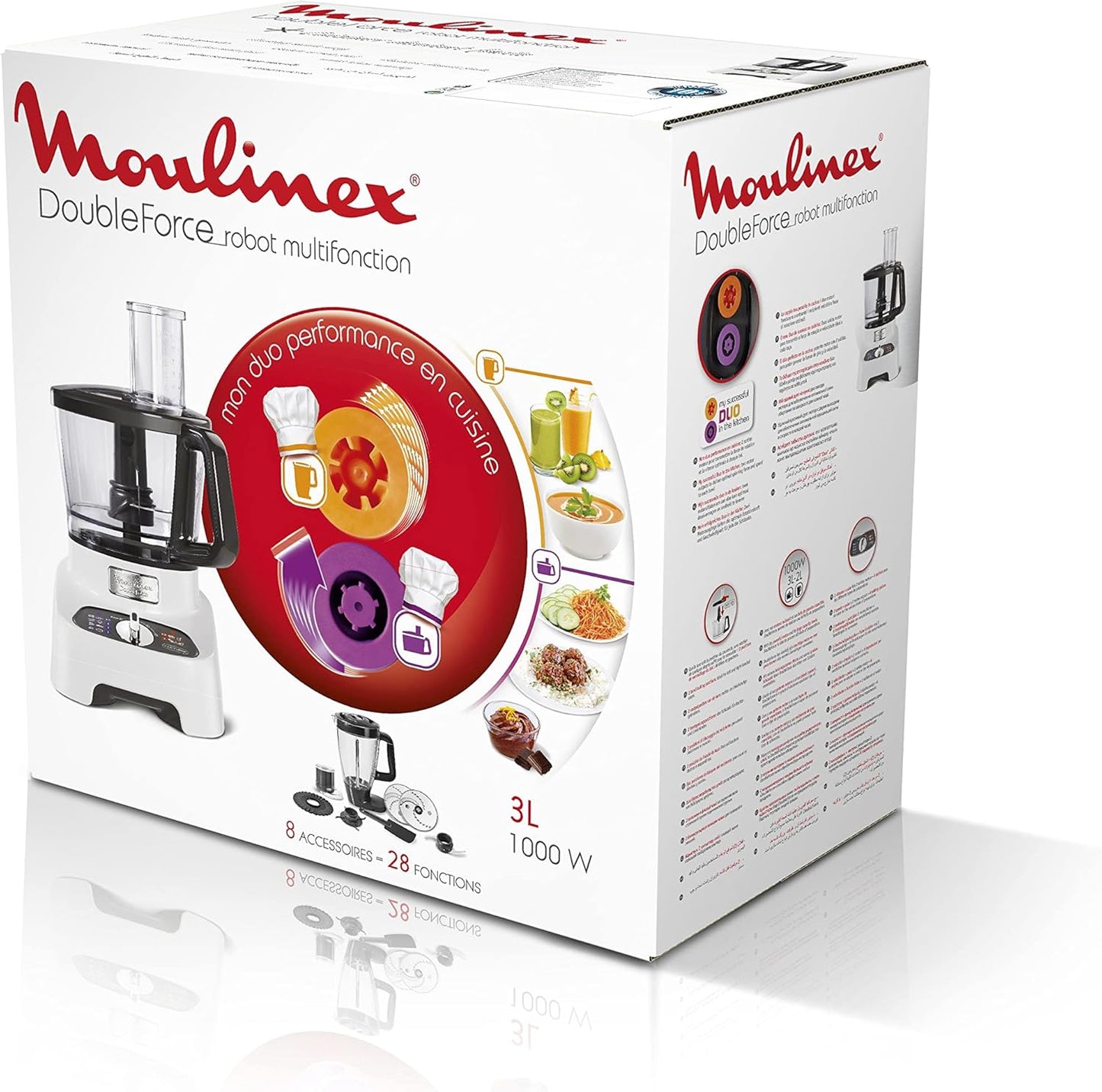 Moulinex FP823125 Double Force Food Processor 1000W 27 Functions 3L Bowl 2L Blender Manual Control Panel Easylock Safety System White and Black 6221064050815