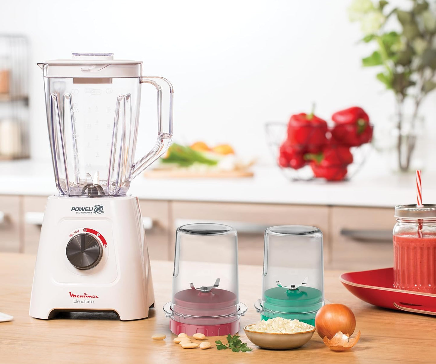 Moulinex LM42X2EG Blendforce Blender 800W Jar 2 Liters 2 Speeds and Pulse Grinder and Grater Ice Crush Powelix Blades White 6221064999893