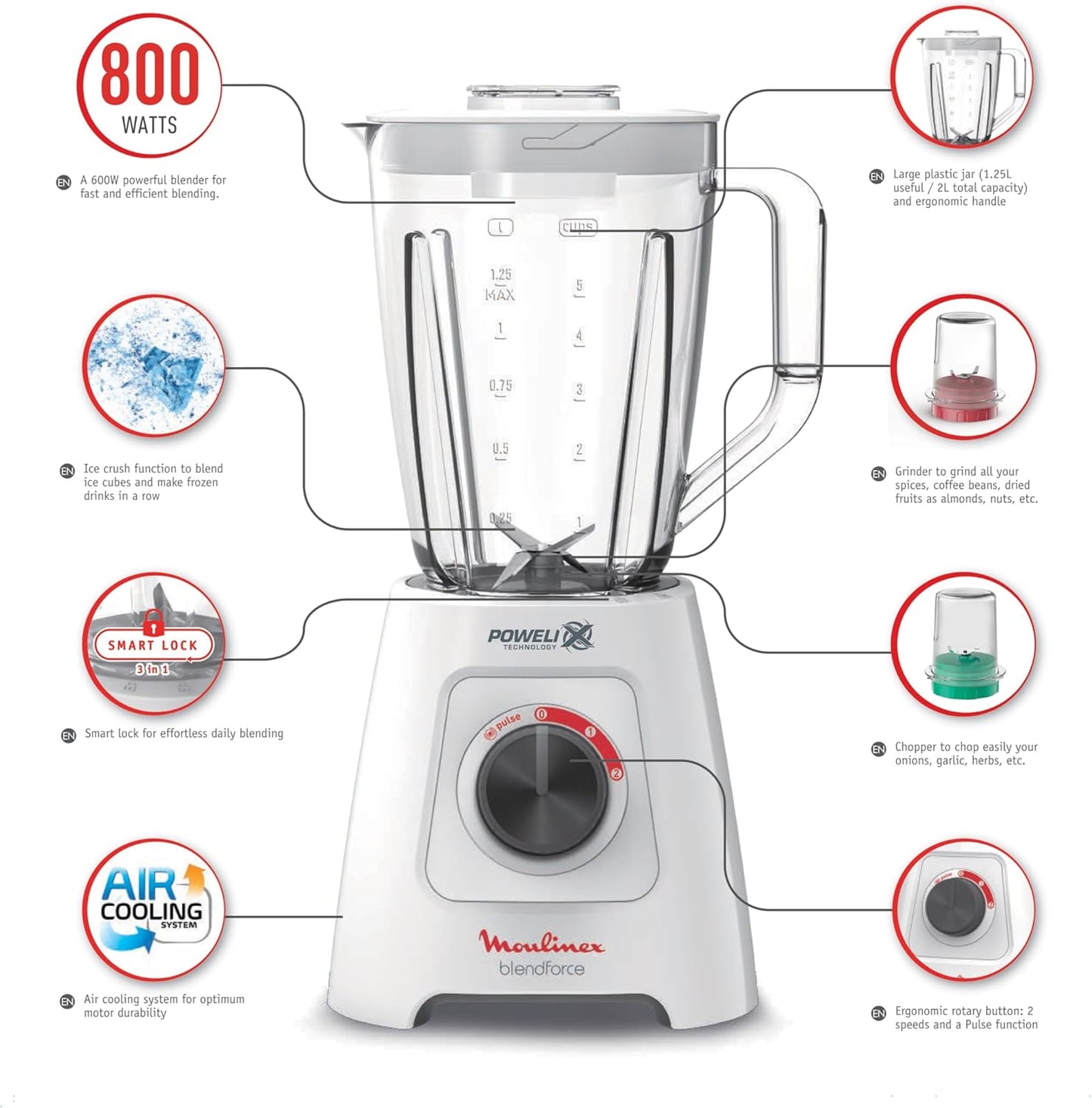 Moulinex LM42X2EG Blendforce Blender 800W Jar 2 Liters 2 Speeds and Pulse Grinder and Grater Ice Crush Powelix Blades White 6221064999893