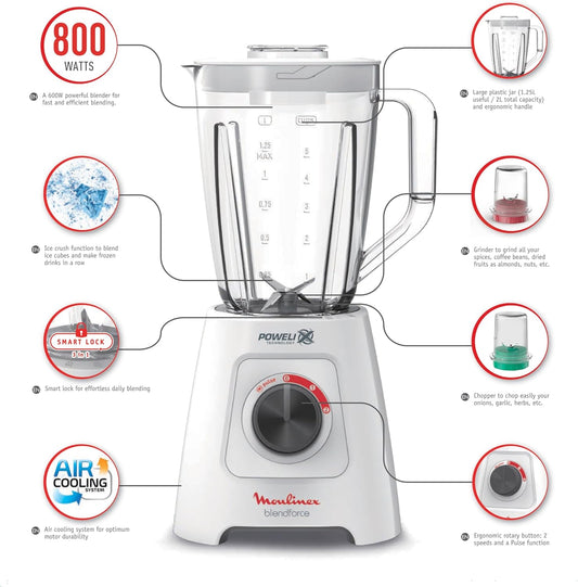 Moulinex LM42X2EG Blendforce Blender 800W Jar 2 Liters 2 Speeds and Pulse Grinder and Grater Ice Crush Powelix Blades White 6221064999893