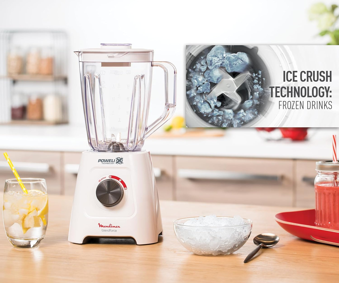 Moulinex LM42X2EG Blendforce Blender 800W Jar 2 Liters 2 Speeds and Pulse Grinder and Grater Ice Crush Powelix Blades White 6221064999893