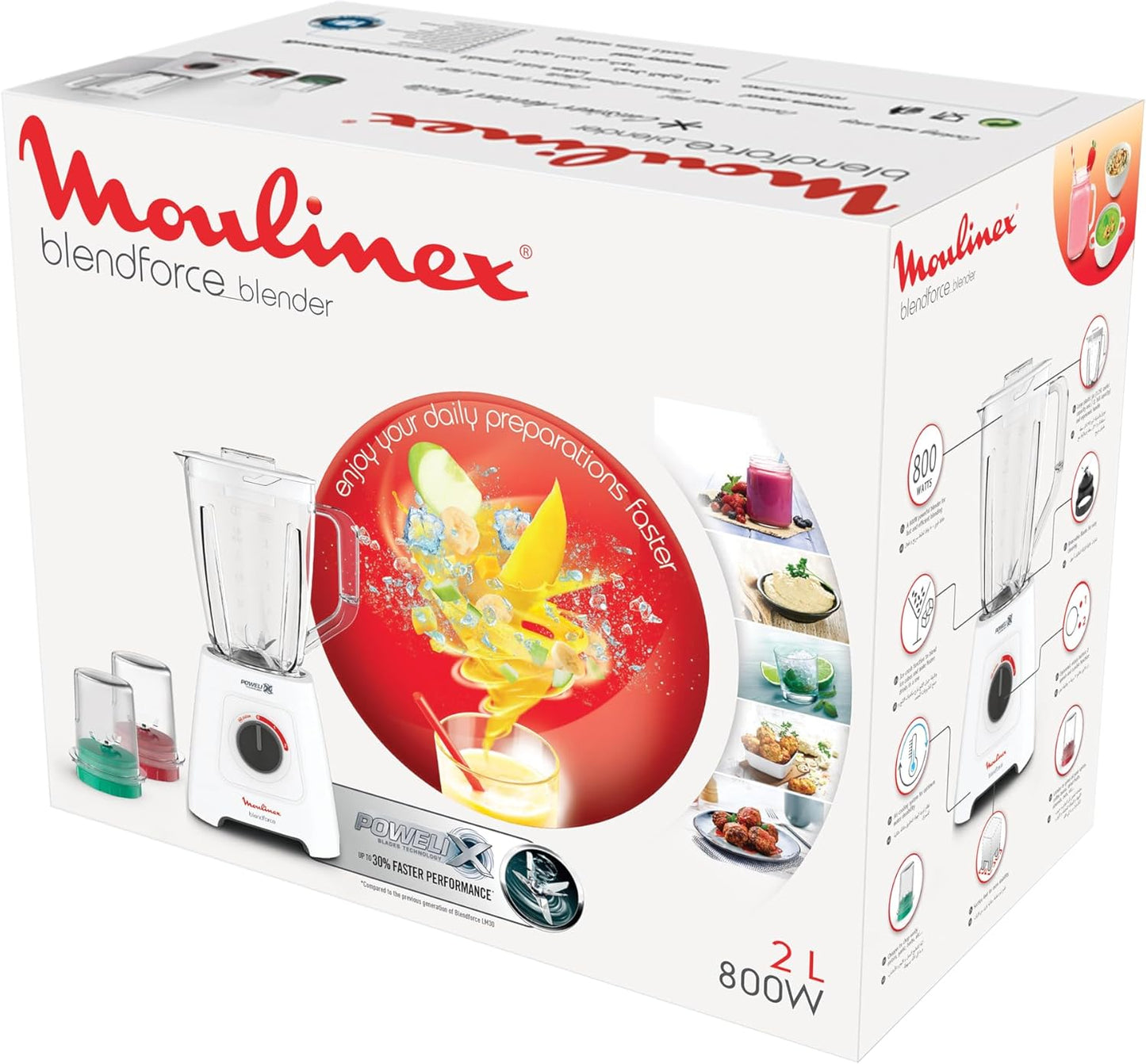 Moulinex LM42X2EG Blendforce Blender 800W Jar 2 Liters 2 Speeds and Pulse Grinder and Grater Ice Crush Powelix Blades White 6221064999893