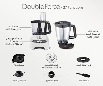 Moulinex FP823125 Double Force Food Processor 1000W 27 Functions 3L Bowl 2L Blender Manual Control Panel Easylock Safety System White and Black 6221064050815