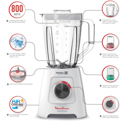 Moulinex LM42X2EG Blendforce Blender 800W Jar 2 Liters 2 Speeds and Pulse Grinder and Grater Ice Crush Powelix Blades White 6221064999893